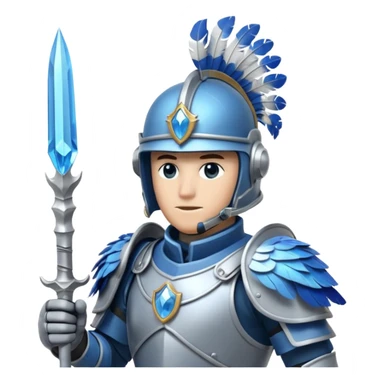 soldat en armure légère de couleur argentée et bleue, presque translucide, tenant une lance ornée d'un cristal. Son casque est stylisé avec des plumes d'oiseau. Il se tient devant un fond de nuages vaporeux. sticker