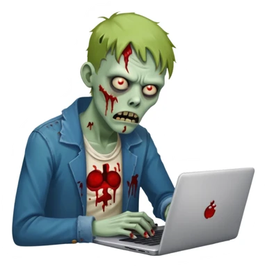 A tired sad zombie behind a laptop sticker