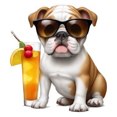 Brown white bulldog with sunglasses & a cocktail sticker