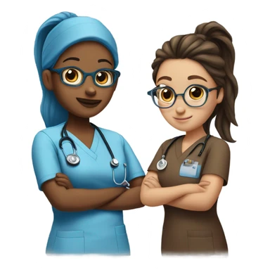 Best friend nurses in blue scrubs one has glasses with long hair in a pony tail, the other has long dark brown hair with freckles sticker