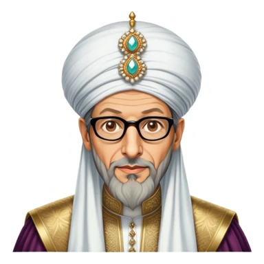 Jeff Goldblum no glasses as a regal portrait dressed as suleiman-the-magnificent,-depicted-as-a-regal-ottoman-sultan-adorned-with-a-large,-white,-round,-tall-turban-and-a-majestic-grey-beard,-his-commanding-gaze-bathed-in-warm,-historic-lighting-that-exudes-timel sticker