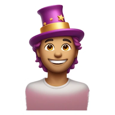 Happy face emoji: A round face, big warm smile, sparkling moon eyes. Eyebrows arched to express good humor, little gold stars near the eyes for a magical touch. Colored party hat slightly askew, rosy cheeks for a cute effect. sticker
