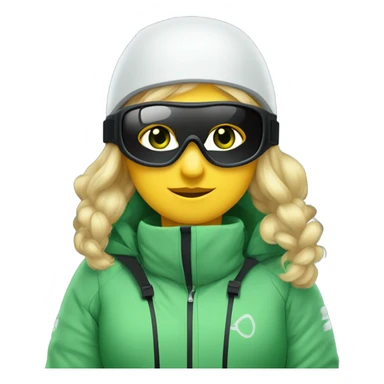 Green-eyed, fat female skier with medium-length straight blonde hair not plaited, snow goggles on helmet, white ski helmet, gray snow jacket, green ski gloves, long black pants rolled up at the bottom, black only snow boots standing tall. sticker