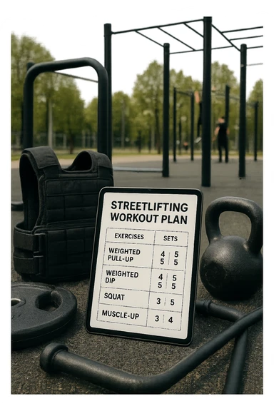 a detailed workout plan for streetlifting displayed on a clipboard or digital tablet, surrounded by gym equipment like weighted vests, dip bars, pull-up bars, and kettlebells. The plan includes exercises such as weighted pull-ups, weighted dips, squats, and muscle-ups, with sets and reps clearly visible. The background is a modern outdoor calisthenics park, with athletes training in the distance. sticker