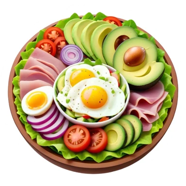 A chef salad with meat, cheese, egg, tomato, ham, avocado, cucumbers, purple, onions, and bell pepper sticker