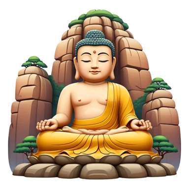 Leshan Giant Buddha massive stone statue, simplified emoji style with bold outlines and bright colors, cartoon style sitting Buddha carved in cliff sticker