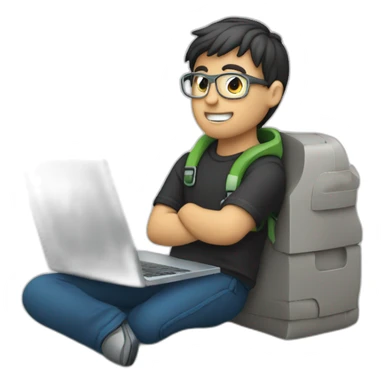 Coder boy taking laptop in hand, A logo on laptop sticker
