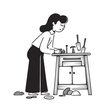 experienced furniture maker at workbench, expressive lines sticker