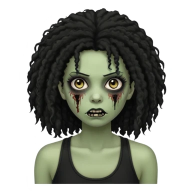 a female zombie with sage green skin, black long afro hair, eyelashes and a black tank top sticker