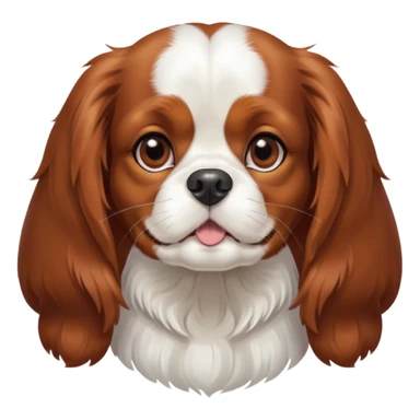 Cinematic Cute Blenheim Cavalier King Charles Spaniel Portrait Emoji, Head tilted playfully and inquisitively, silky Blenheim coat with warm chestnut and crisp white patches, round, sparkling brown eyes filled with curiosity, Simplified yet irresistibly adorable features, highly detailed, glowing with a warm, friendly glow, high shine, affectionate and lively, stylized with a touch of whimsy, bright and endearing, soft glowing outline, capturing the essence of a mischievous yet loving pup, so playful it feels like it could pounce out of the screen and into your arms! sticker