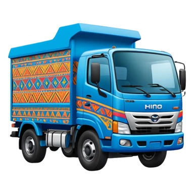 Emoji style illustration of a Hino 500 truck, colorful Peruvian decorative truck art, bright blue body, Andean patterns and vibrant painted details, bold outlines, flat vector style, clean shading, sticker design, centered, white or transparent background, high detail, cartoon style sticker