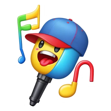 Create a vibrant and creative emoji that represents beatboxing. The design should feature a microphone with a cap placed on top, with oversized lips peeking out from under the cap. From the lips, bass clefs should be flying out, along with a variety of musical instruments (like a drum, electric guitar, and piano keys) to symbolize the blend of rhythm and creativity in beatboxing. Use bold, energetic colors like neon red, yellow, and blue to capture the lively and street-savvy essence of beatboxing. The background should be transparent. sticker