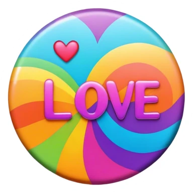 A round psychedelic colored button that says love sticker