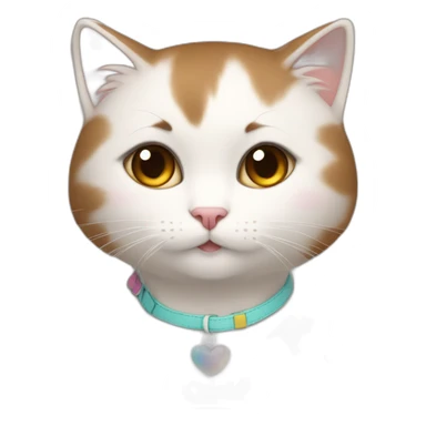 A girl with short brown straight hair and on her left shoulder and neck lies a white fluffy cat with eyes of different colors sticker