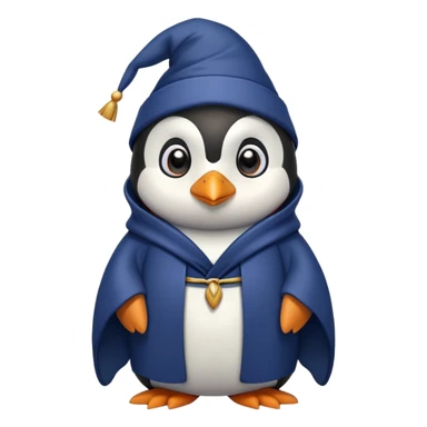 A penguin wizard with a serious expression, wearing a dark blue robe, hands clasped together sticker