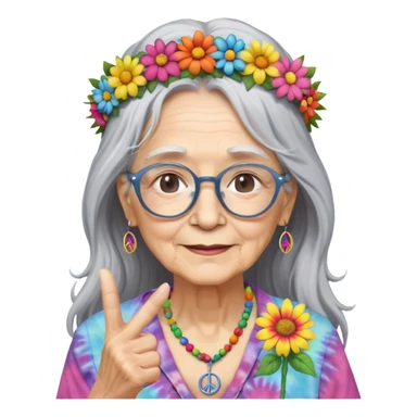 elderly woman with long grey hair, glasses, peace sign necklace, tie-dye clothing, flower crown sticker