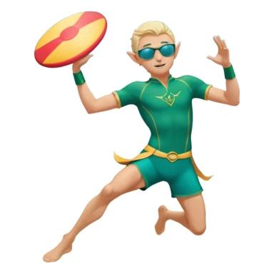 elf male legolas mid-action throw, launching a frisbee woven from pure sunlight, wearing sporty teal swim shorts and performance sunglasses, athletic pose, pointy ears, dynamic motion lines, beach sky backdrop, centered emoji sticker