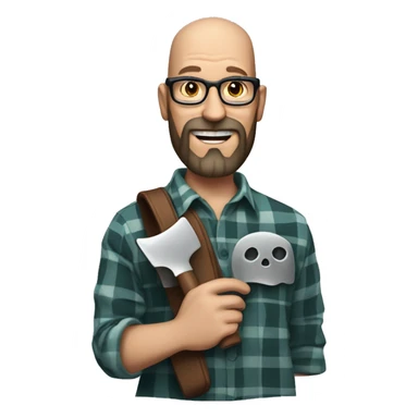 bald man of 40 years old with glasses and a beard, wearing a plaid shirt, holding a movie clapper, a silver skull ring on his hand. sticker