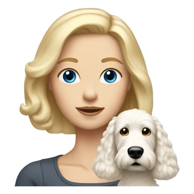 White lady with shoulder length blonde straight hair and blue eyes and her white golden doodle dog sticker
