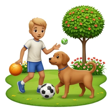 kid and dog playing with ball, garden background sticker
