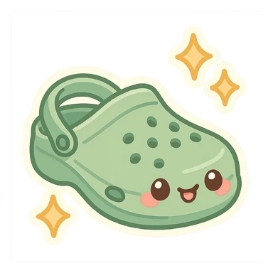 chibi sticker-style croc shoe with sparkles, cute and exaggerated sticker