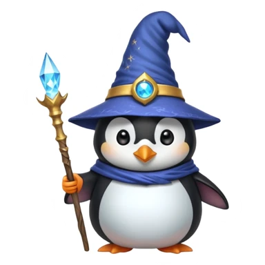 cute penguin wizard with a pointy hat and a magic staff, magical aura sticker