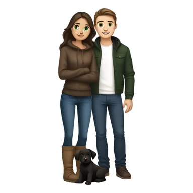Spanish slim body brunette girl wearing Uggs next to a French guy brown hair, green eyes wearing hype outfit, chiseled jaw and with a black labrador pup sticker