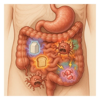 Anatomical section of the human torso focusing on stomach and intestines. Inside the digestive tract, stylized parasitic organisms react aggressively to foods like dairy, gluten, and sugars, highlighted with colors or glows. The parasites appear agitated or inflamed, releasing symbolic toxins or inflammatory signals such as colored gas or lightning lines. Medical illustrative style. sticker