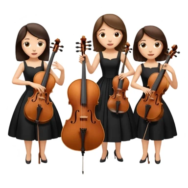 Create an imagine of three brunette women playing string instruments in black dresses, the first is playing a cello, the second is playing a viola and the third is playing the violin sticker