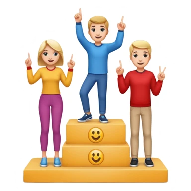 three casually dressed people on a winners’ podium with no numbers, each on their step, center person holds up one finger on each hand, fun expressive cheerful emoji style sticker