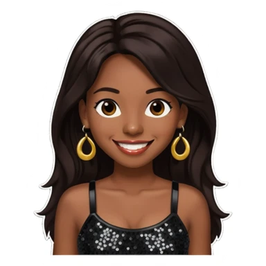 Chilli from TLC with long dark brown hair, black sequin crop top, black earring, dark skin sticker