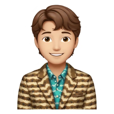 Design a Korean male idol with wavy brown hair, patterned jacket & cheerful smile, inspired by V of BTS. sticker