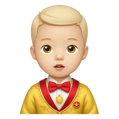 baby guy, pacifier, wearing yellow chinese royal ancient custome, red bow tie sticker