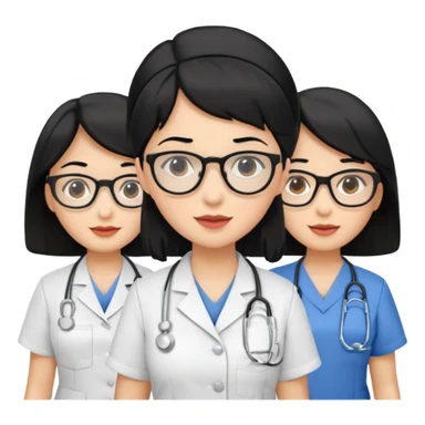 Genera emogis de 4 cuatro enfermeras de cabello negro, una con lentes sticker