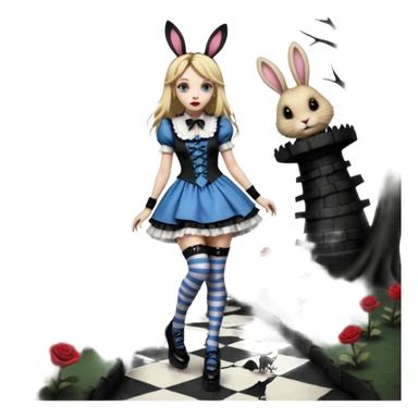  3d rendering,  ultra detailed, Alice in wonderland modern style in a punk gothic victorian style short dress, stripped knee high socks, gothic platform heels, long blonde hair, eyeliner, red lipstick, falling through rabbit hole,  transparent background
 sticker