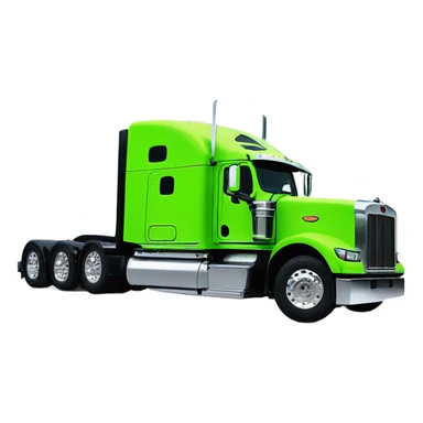 neon green peterbilt semi truck lowered on the ground with large chrome wheels and chrome smoke stacks profile view sticker