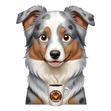 A Australian shepherd blue Merle with brown eyes wearing a shirt that says Full Circle Coffee House sticker
