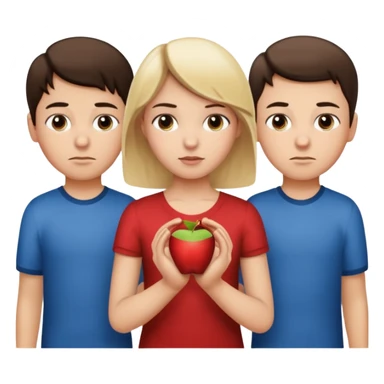 Apple iOS emoji style.
A girl holding hands with two boys at the same time,one boy si brunette the other blonde, one on each side.
The girl has a suspicious, guilty expression, slightly turned eyes.
The boys look neutral and unaware.
 smooth gradients, rounded shape sticker