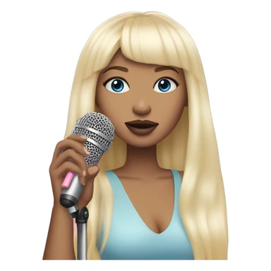 Blonde haired singer with long straight hair and bangs holding a pink microphone and the girl has blue eyes and pink-red lips and a pastel yellow, pastel pink, pastel blue and pastel purple clouds beside her and he has light skin sticker