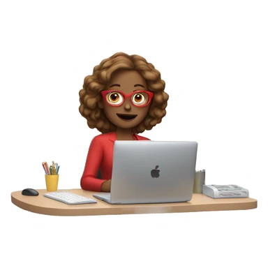  woman waving in front of computer, light brown hair up, red glasses sticker