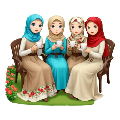 Turkish beautiful finish Konya girls blue eyes with Beautiful beige red green floral hijab long tail dress and this two friends sit in a lovely garden on the chair on the ground and holds cup coffe with her hand  sticker