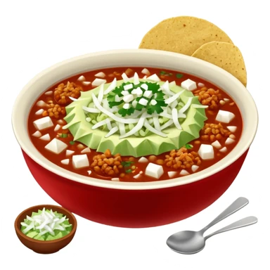 A delicious hot bowl of pozole rojo with separate sides: white chopped onions, green shredded cabbage, lime wedges, red chile de arbol salsa, and tostadas sticker