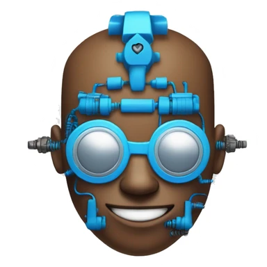 Brown cyborg head with blue Mohawk, blue beard, silver steampunk monocle goggles a smile and circuits sticker
