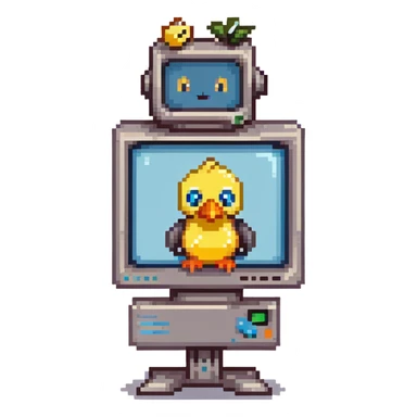retro pixel art, vibrant colors, futuristic CRT monitor computer character, smiling face, robot arms, with cute yellow duck with big eyes, orange beak, fluffy feathers, blue bowtie, pixel gradient sky, clouds, warm, cheerful, clean lines, isometric or side view sticker