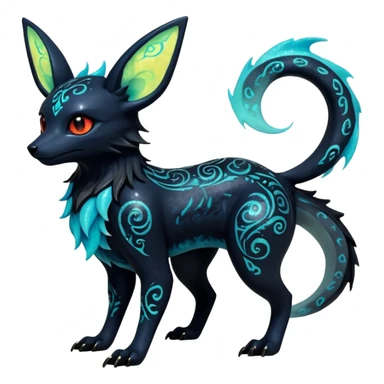 Shiny Fiery Dark Ugly Evil Realistic Glowing Eldritch Horror Cool Edgy Badass Emo Glorious Demonic Batty Dusky Ethereal Sparkly Shimmering Magical Punky Aural Iridescent Fluorescent Bioluminescent Umbreon-Amaura-Salandit-Noibat-Flareon-Fakémon-fusion (full body) with intricate pattern markings sticker