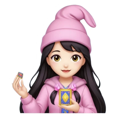 pixel art chibi asian girl with dark long hair in pink bunny hat magical girl with kawaii tarot cards thrown in air pixel emoji sticker