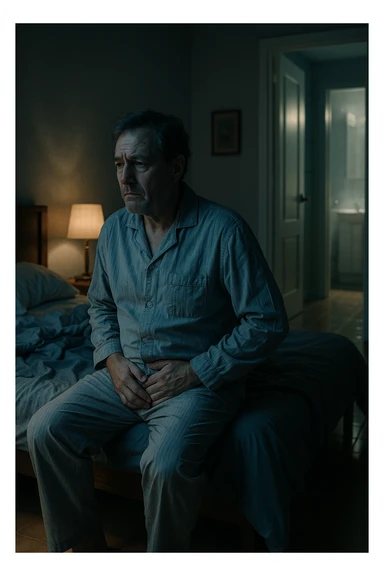 A nighttime scene inside a dimly lit bedroom. A man in his 50s sits stanco sul bordo del letto, con lo sguardo perso nel vuoto, mentre una luce fioca proviene dalla lampada sul comodino. Indossa un pigiama spiegazzato, e si tiene leggermente la zona bassa dell’addome. Dietro di lui, il letto è visibilmente disfatto, segno di sonno interrotto. Una porta socchiusa sullo sfondo mostra la luce accesa in bagno, con il pavimento riflettente che indica i numerosi passaggi notturni. Il tono è cupo ma realistico, con colori freddi, blu e grigi, e un leggero bagliore lunare che filtra dalla finestra. Stile: 35mm film, profondità emotiva, dettaglio ambientale. in italiano sticker