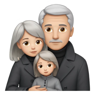 A father with silver-grey hair styled neatly and a clean-shaven face, wearing a dark turtleneck and wool coat, holding his girl child gently. The child has light brown hair and a soft white dress. Warm cinematic lighting, emotional close-up. sticker
