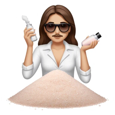 White woman with brown hair posing as salt bae with sunglasses sprinkling salt on top of a pile of makeup sticker