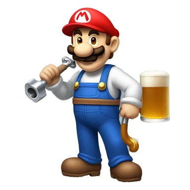 Mario plumber drinking beer with a shirt that says “HOPE” with a pipe wrench logo sticker